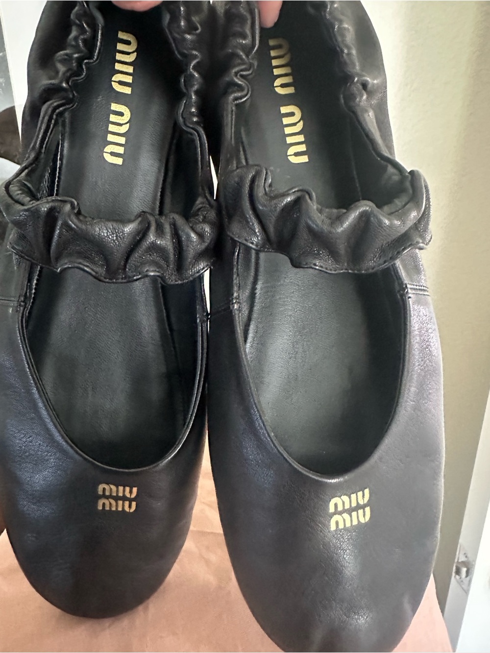 Miu Miu Black Ballet Ballerina Flats with Gold Logo Accent - Picture 10 of 10